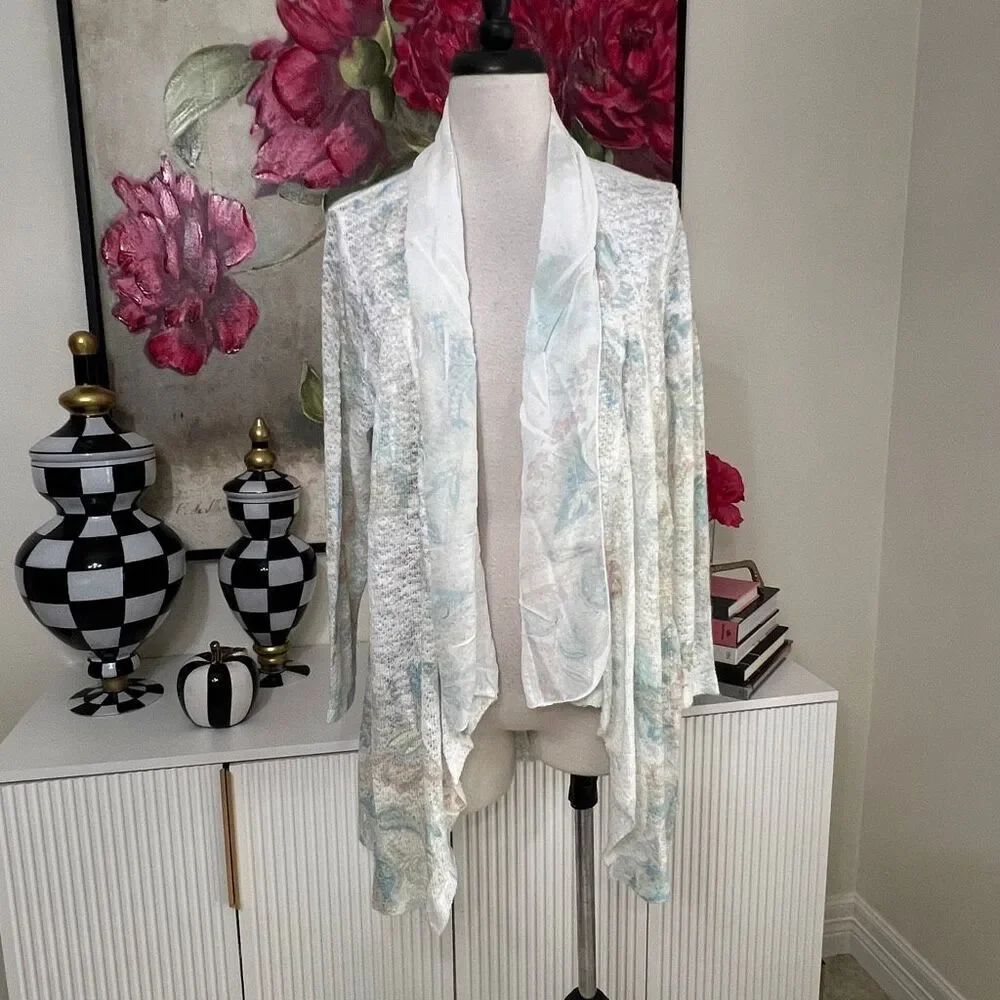 Reba Women's Knit Floral Open Waterfall Drape Front Cardigan Multicolor Medium
